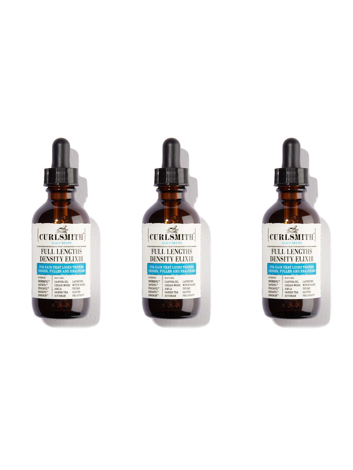 Three bottles of Curlsmith Full Length Density Plus on a white background
