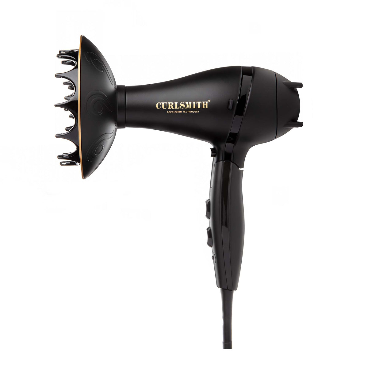Black travel hair dryer with a concentrator nozzle on a white background, branded 'Curlsmith'.