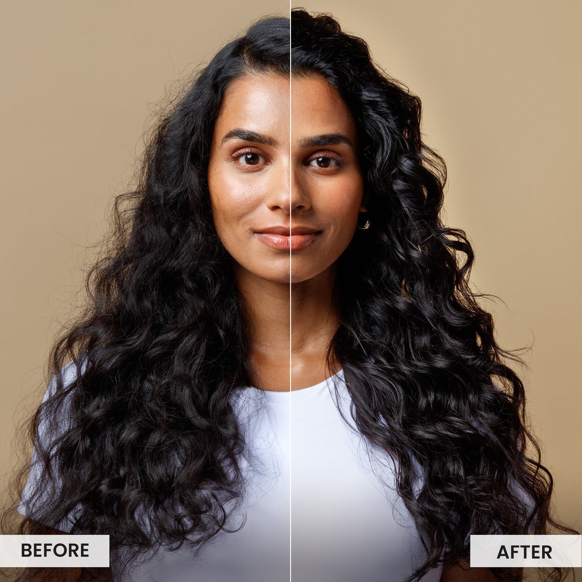 Before and after comparison of a woman with long, wavy hair on a beige background.