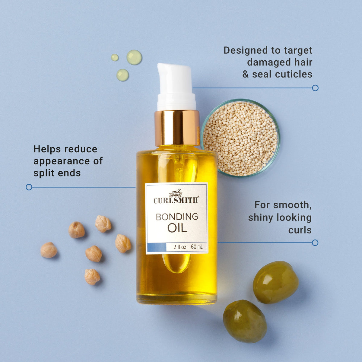 Curlsmith bonding oil bottle with ingredients on a light blue background