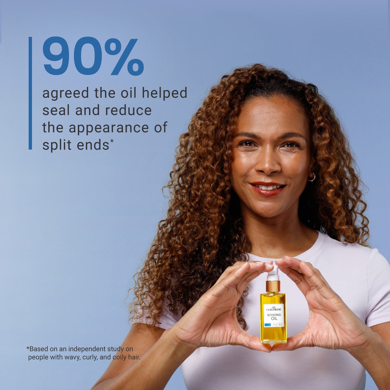 Woman holding a bottle of hair oil with text about its effectiveness on split ends.