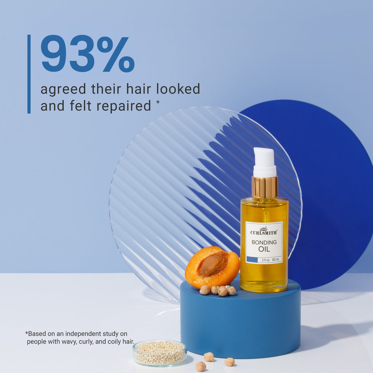 Curlsmith Bonding Oil bottle with apricot and seeds on a blue and white background