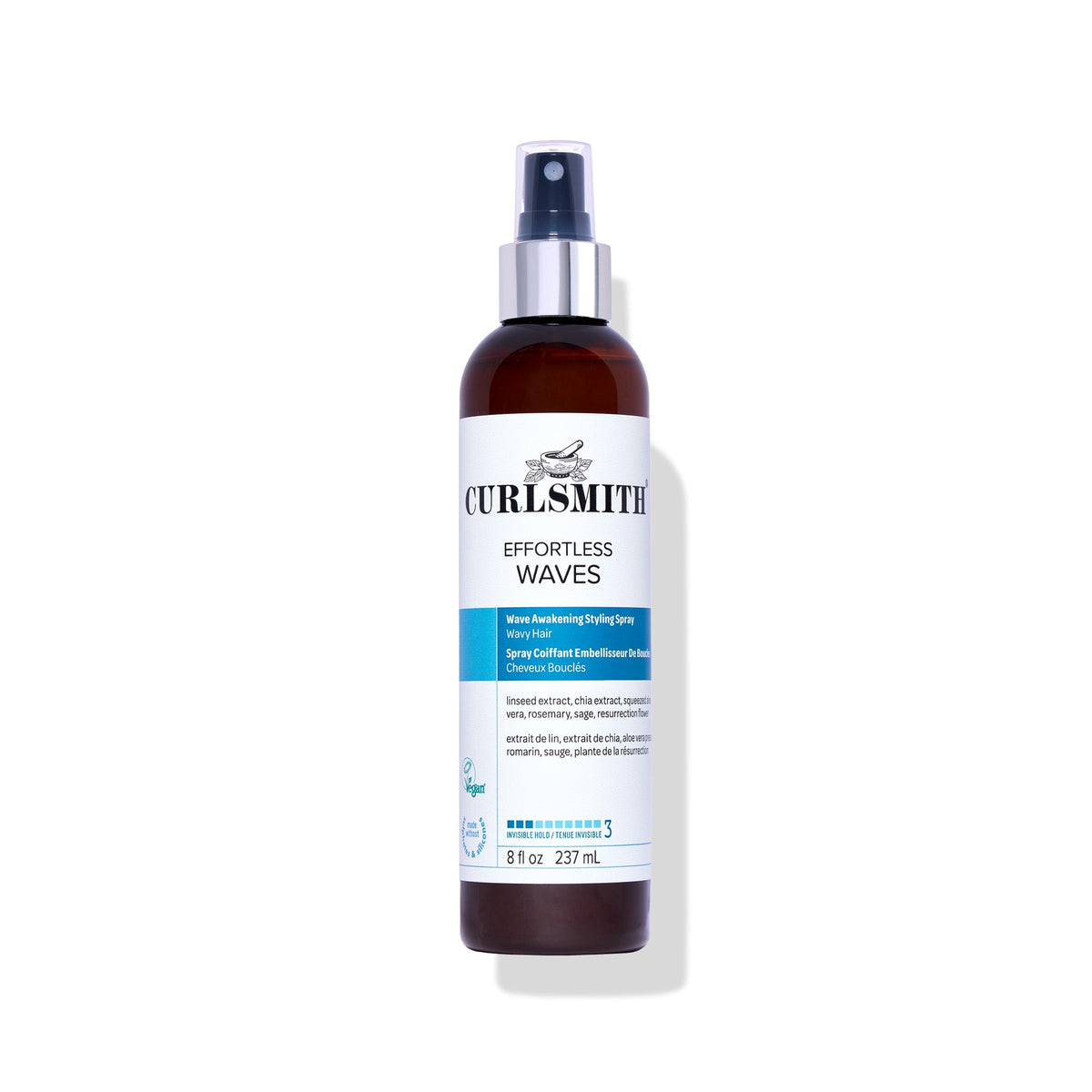 Curlsmith Effortless Waves hair spray bottle on a white background
