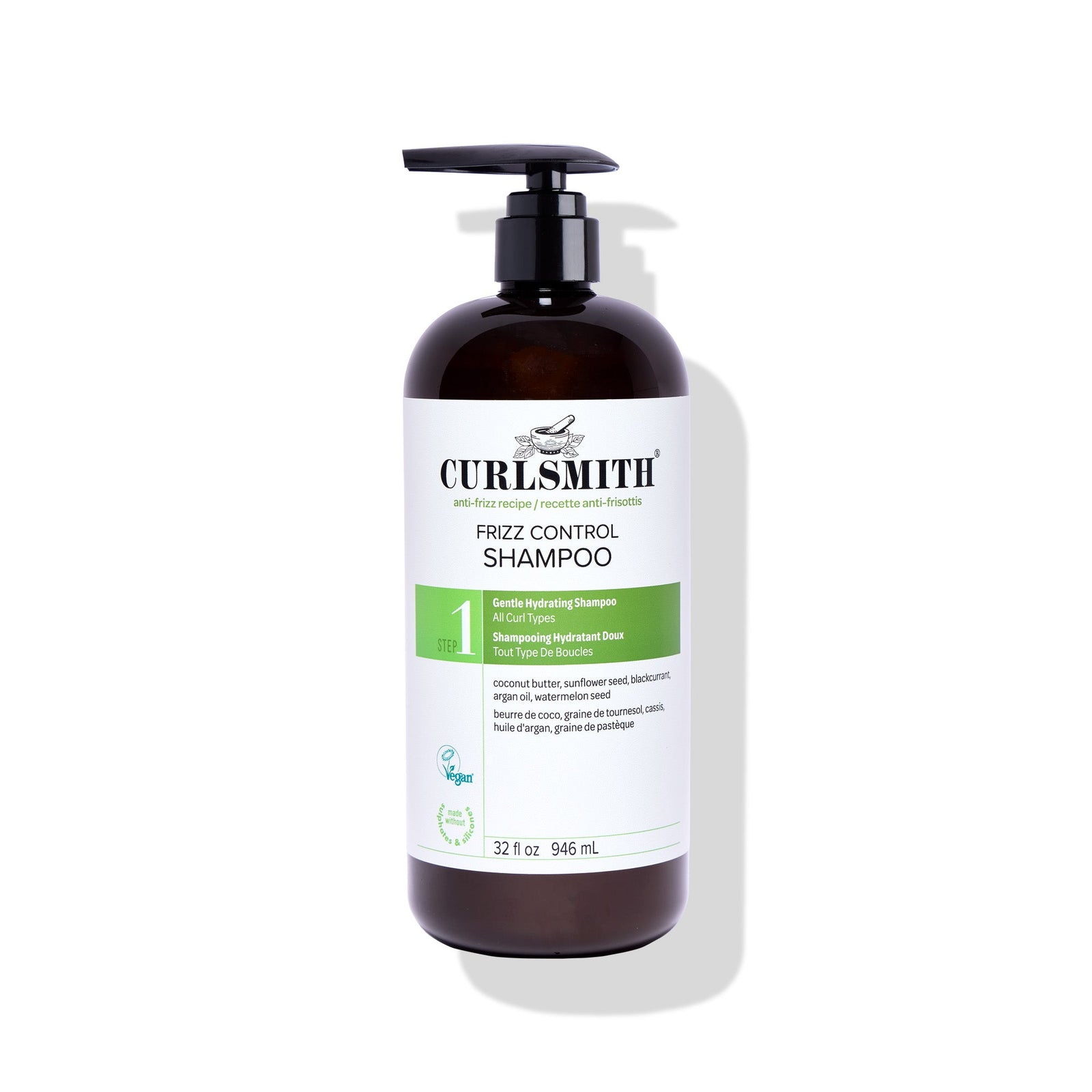 Curlsmith frizz control shampoo bottle on a white background