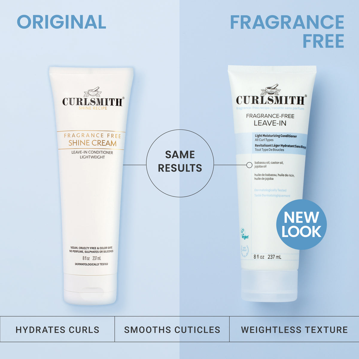 Two bottles of Curlsmith Fragrance-free hair care products on a light blue background, one labeled 'Original' and the other 'Fragrance Free'.