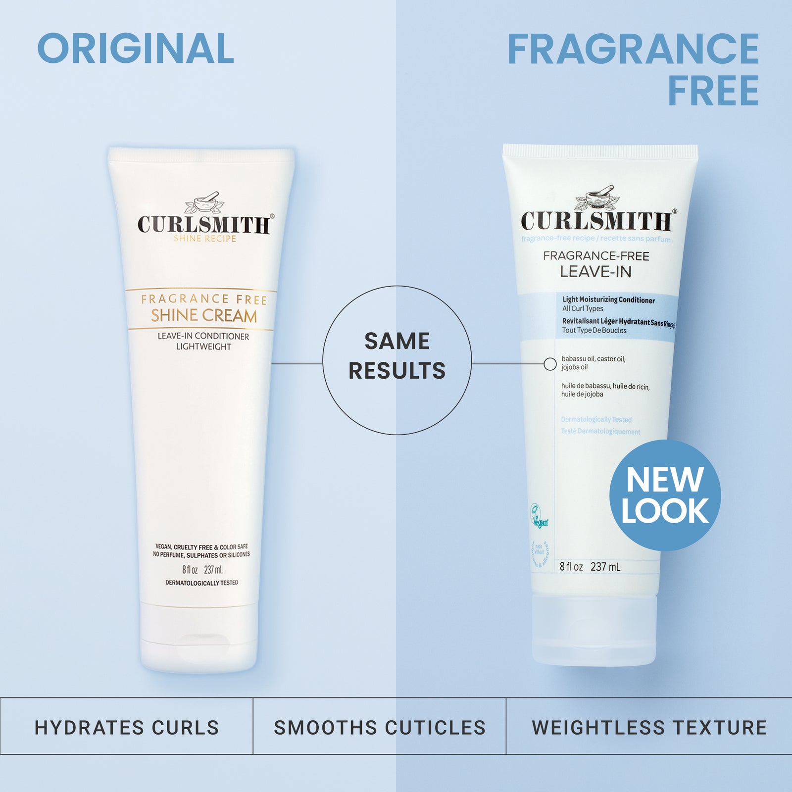 Two bottles of Curlsmith Fragrance-free hair care products on a light blue background, one labeled 'Original' and the other 'Fragrance Free'.