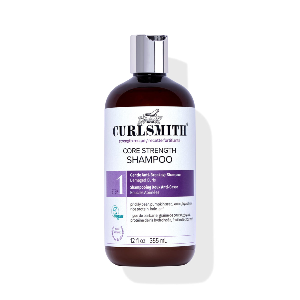 Curlsmith core strength shampoo bottle on a white background