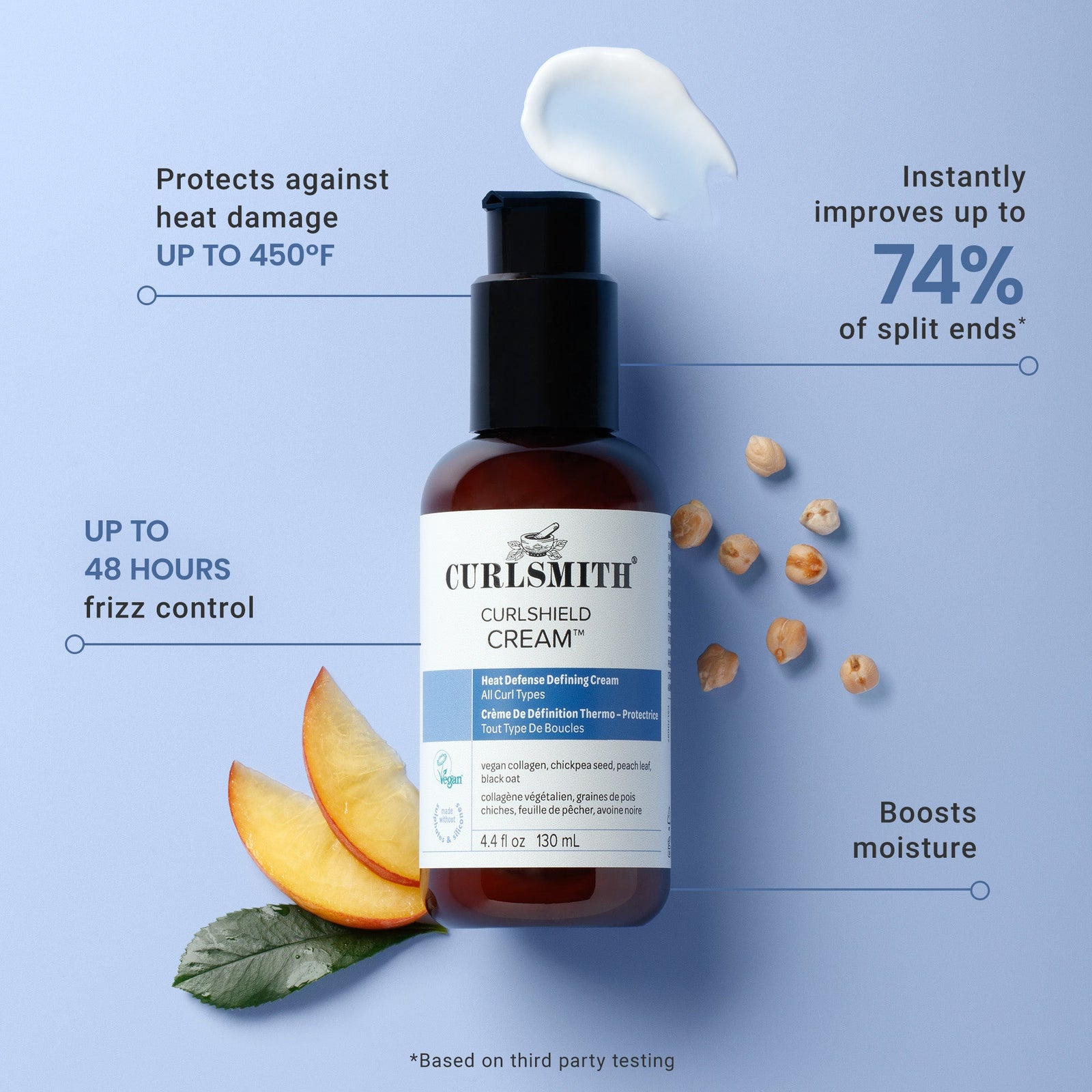 Curlsmith Curlshield Cream bottle with product benefits on a blue background