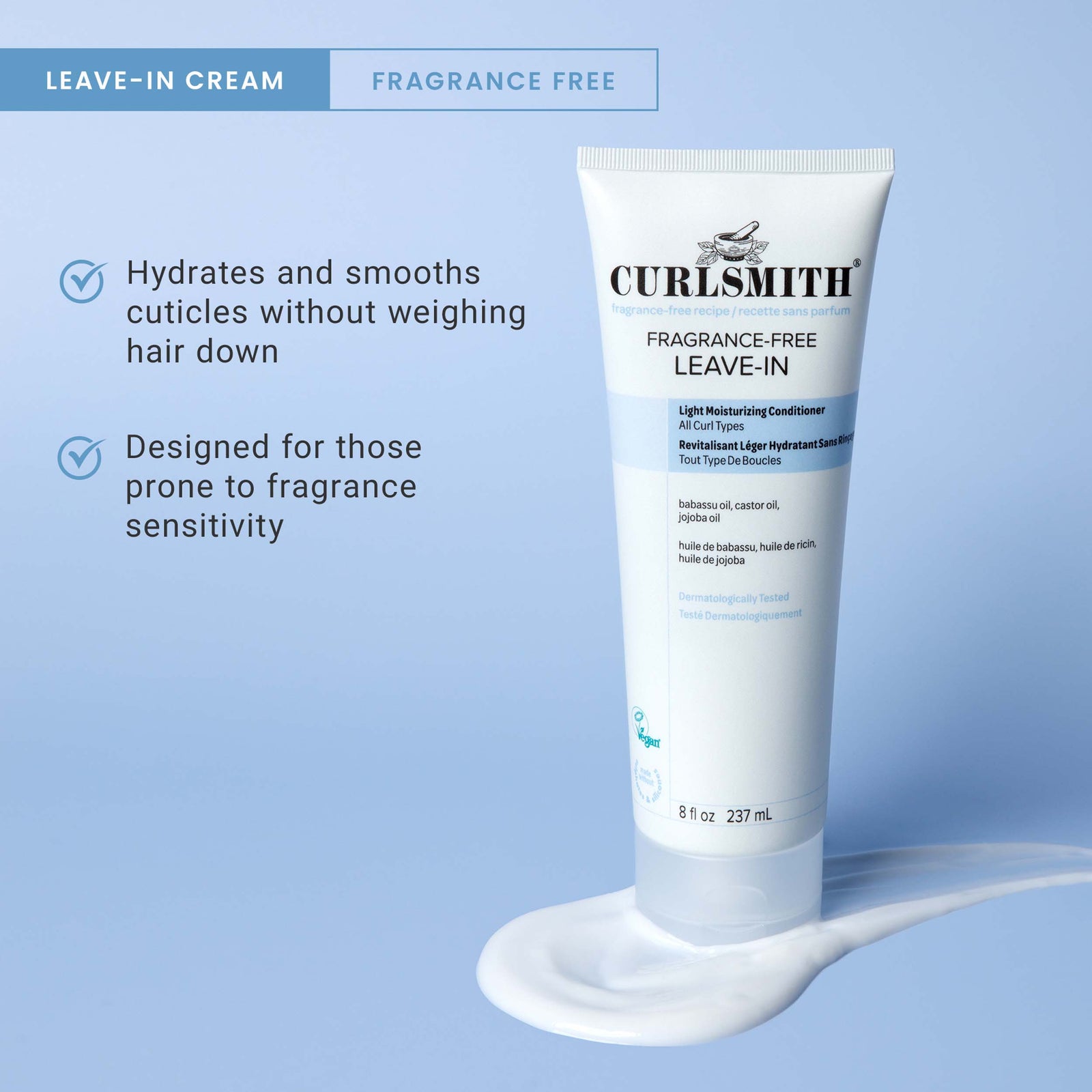 Curlsmith Fragrance-free leave-in cream tube on a light blue background with product features listed.