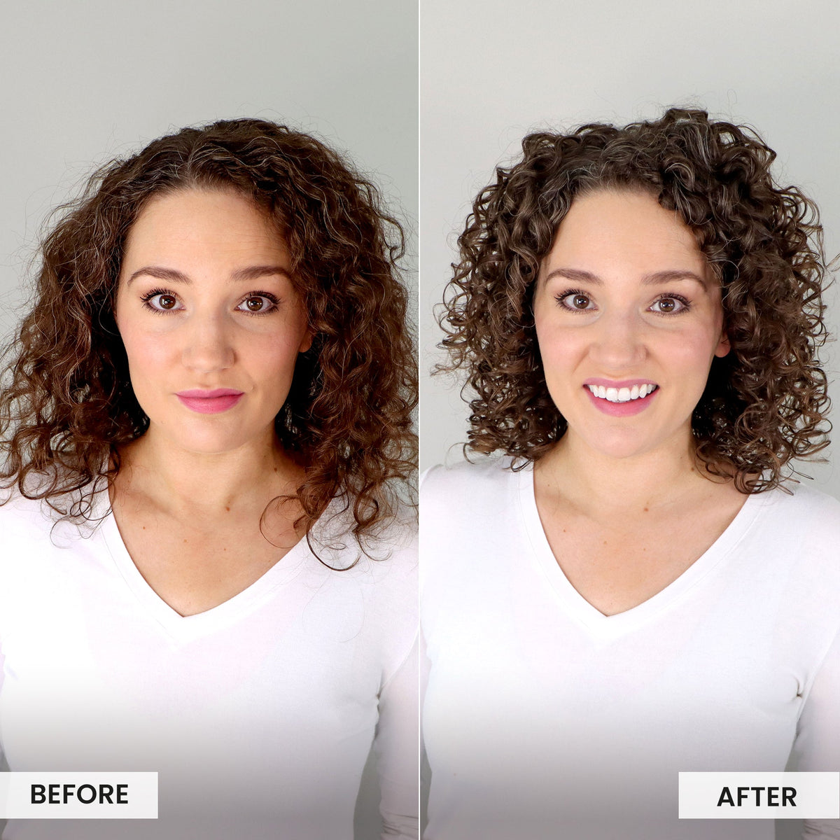Before and after comparison of a woman with curly hair, wearing a white shirt.