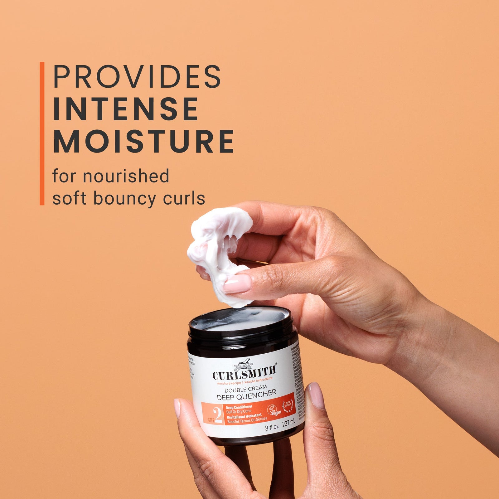 Person holding a jar of Curlsmith Double Cream Deep Quencher with text about intense moisture on an orange background