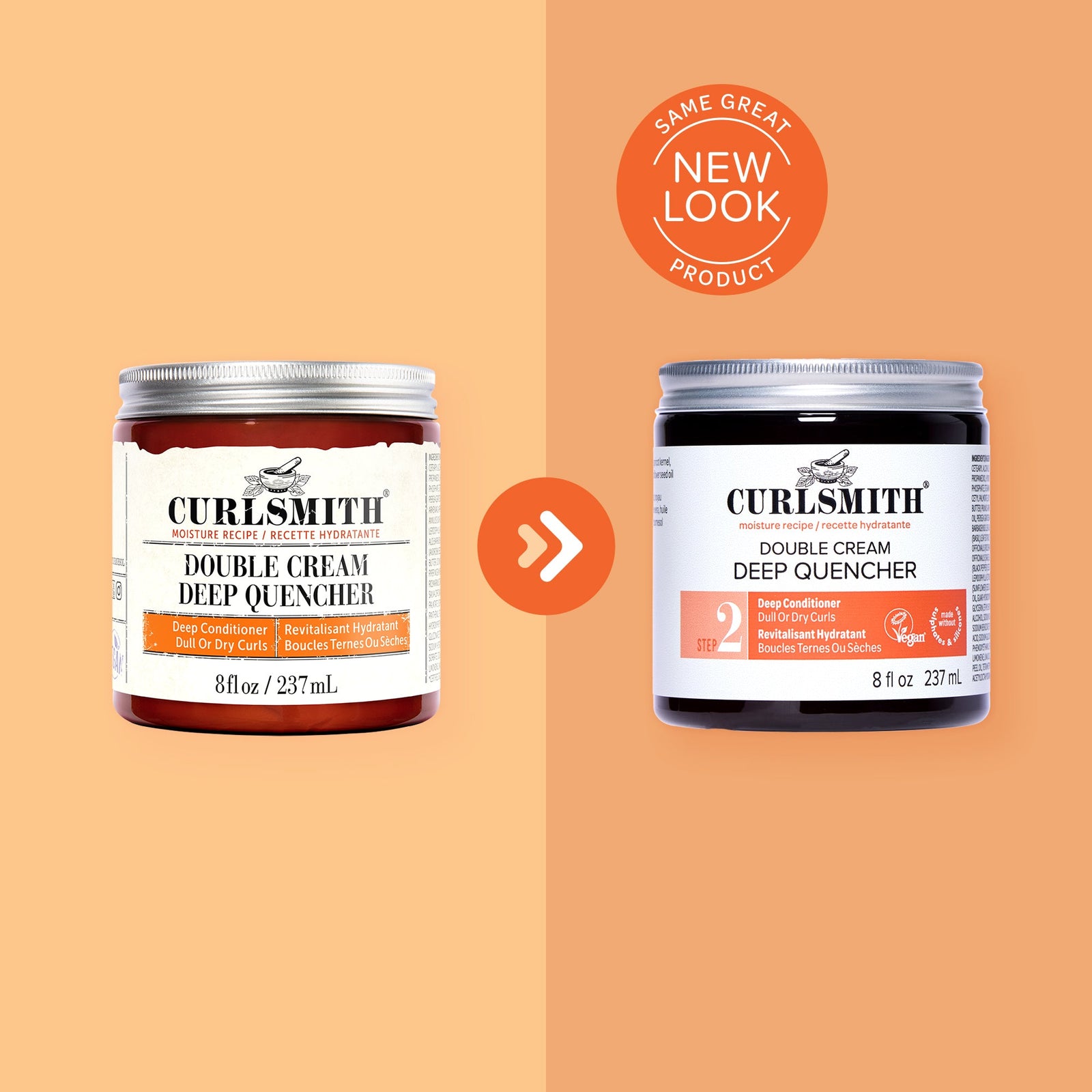 Two jars of Curlsmith Double Cream Deep Quencher with a 'Same Great Product, New Look' label on an orange background.