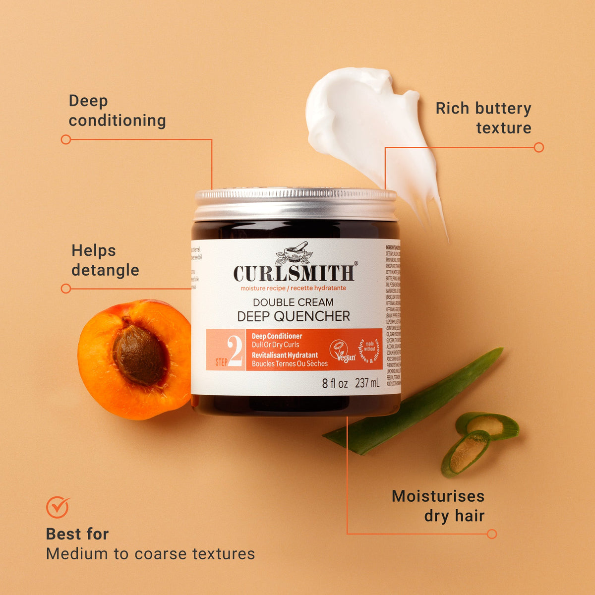 Curlsmith Double Cream Deep Quencher jar with apricot and aloe vera on a beige background