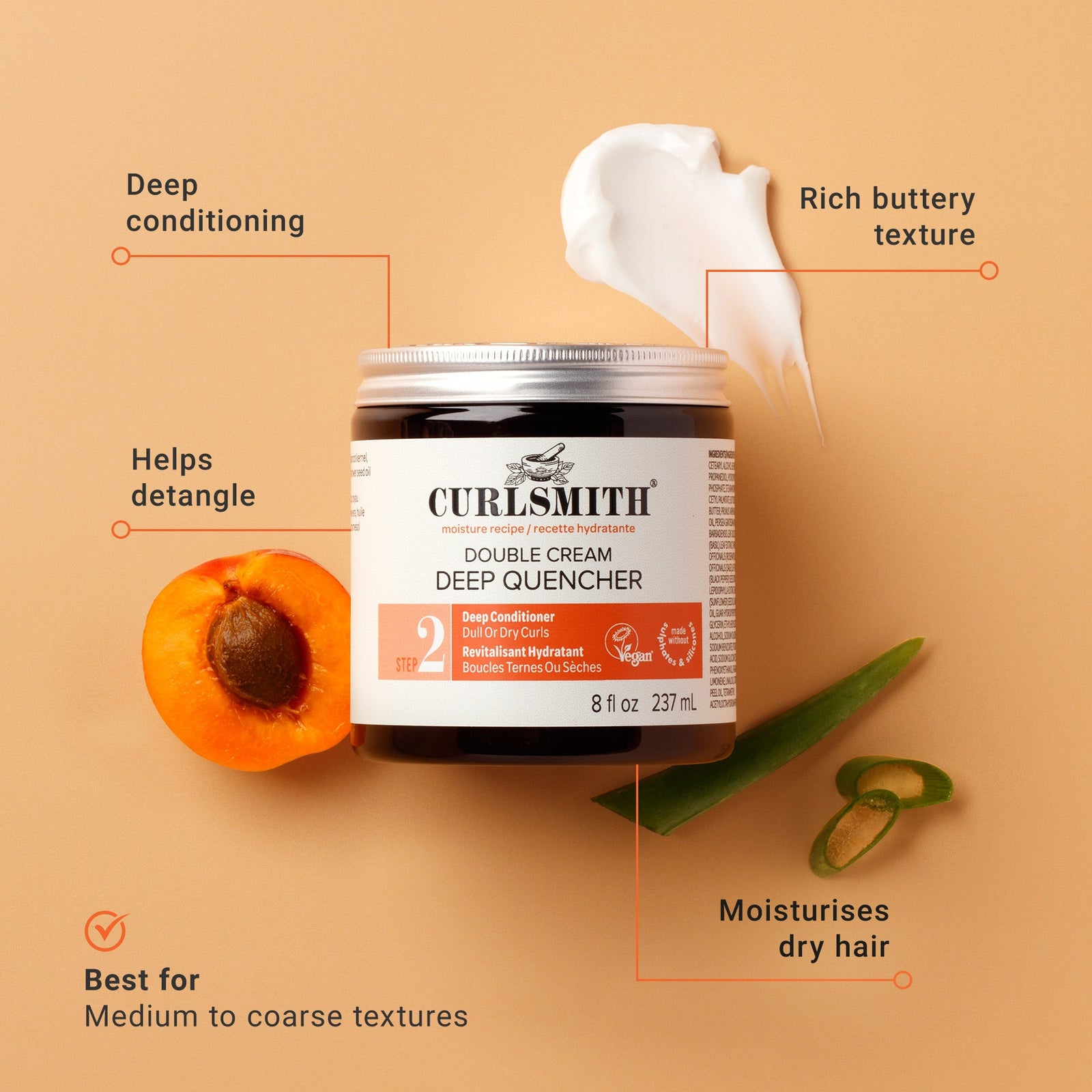 Curlsmith Double Cream Deep Quencher jar with apricot and aloe vera on a beige background