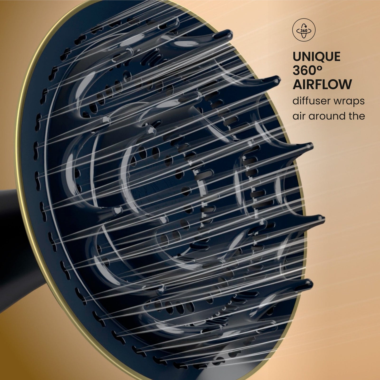 Close-up of a diffuser with '360° airflow' text on a beige background