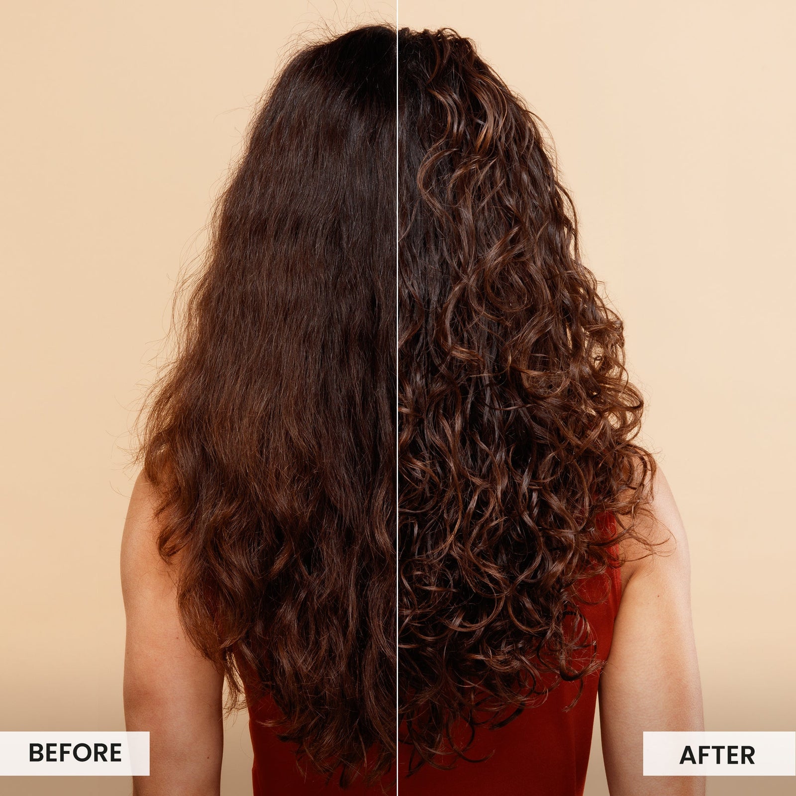 Before and after comparison of styled hair on a beige background