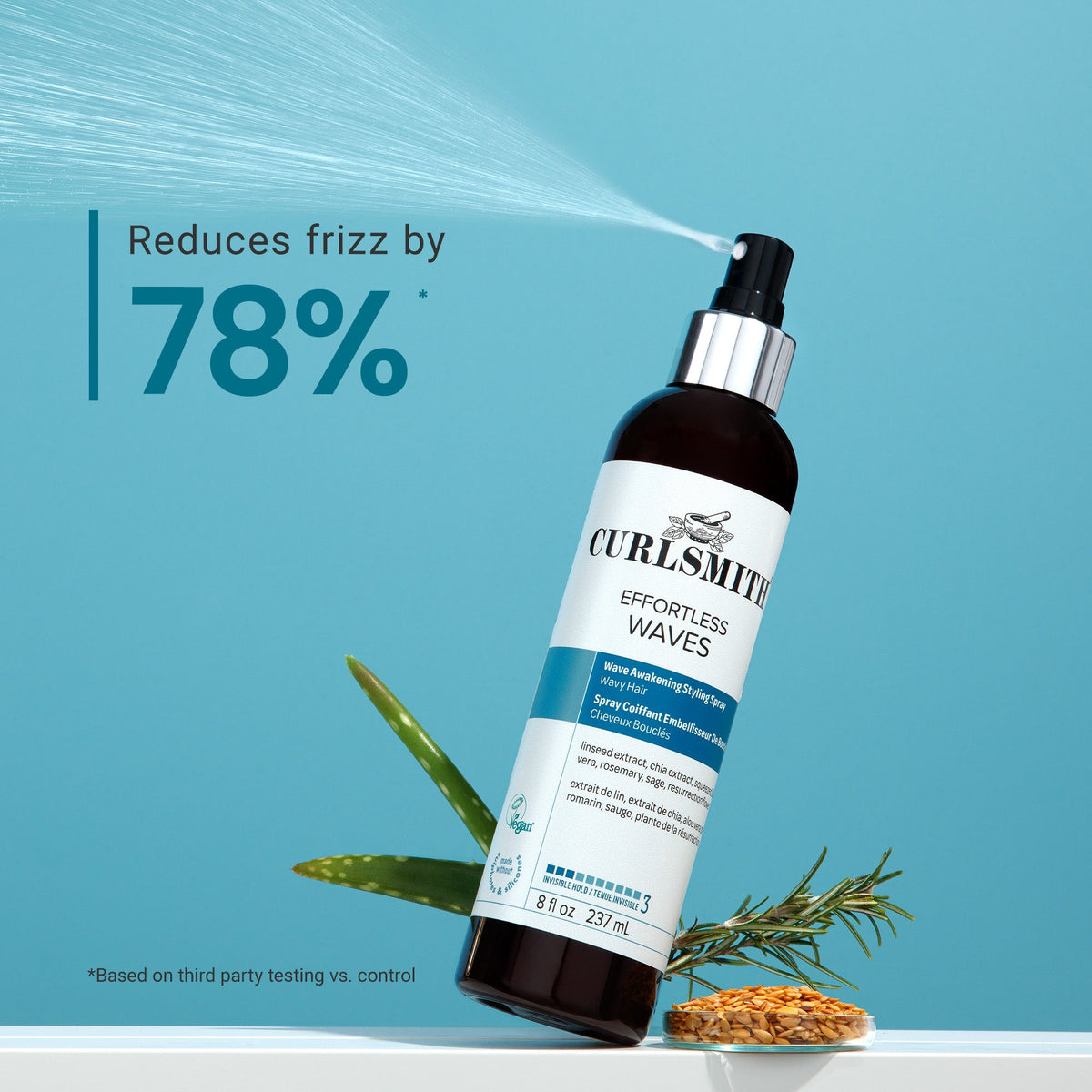 Curlsmith hair care product with a blue background and text indicating frizz reduction.