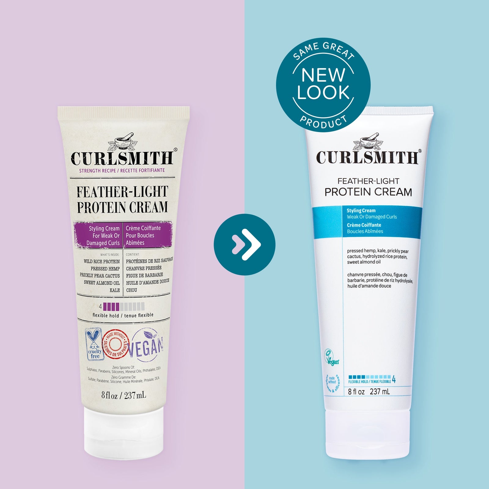 Two bottles of Curlsmith Feather-Light Protein Cream on a pastel background with a 'Same Great Product, New Look' badge.
