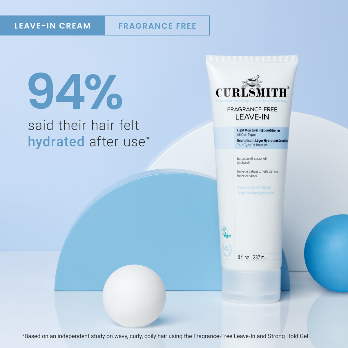 Curlsmith Fragrance-Free leave-in cream tube on a light blue background with text about hydration.