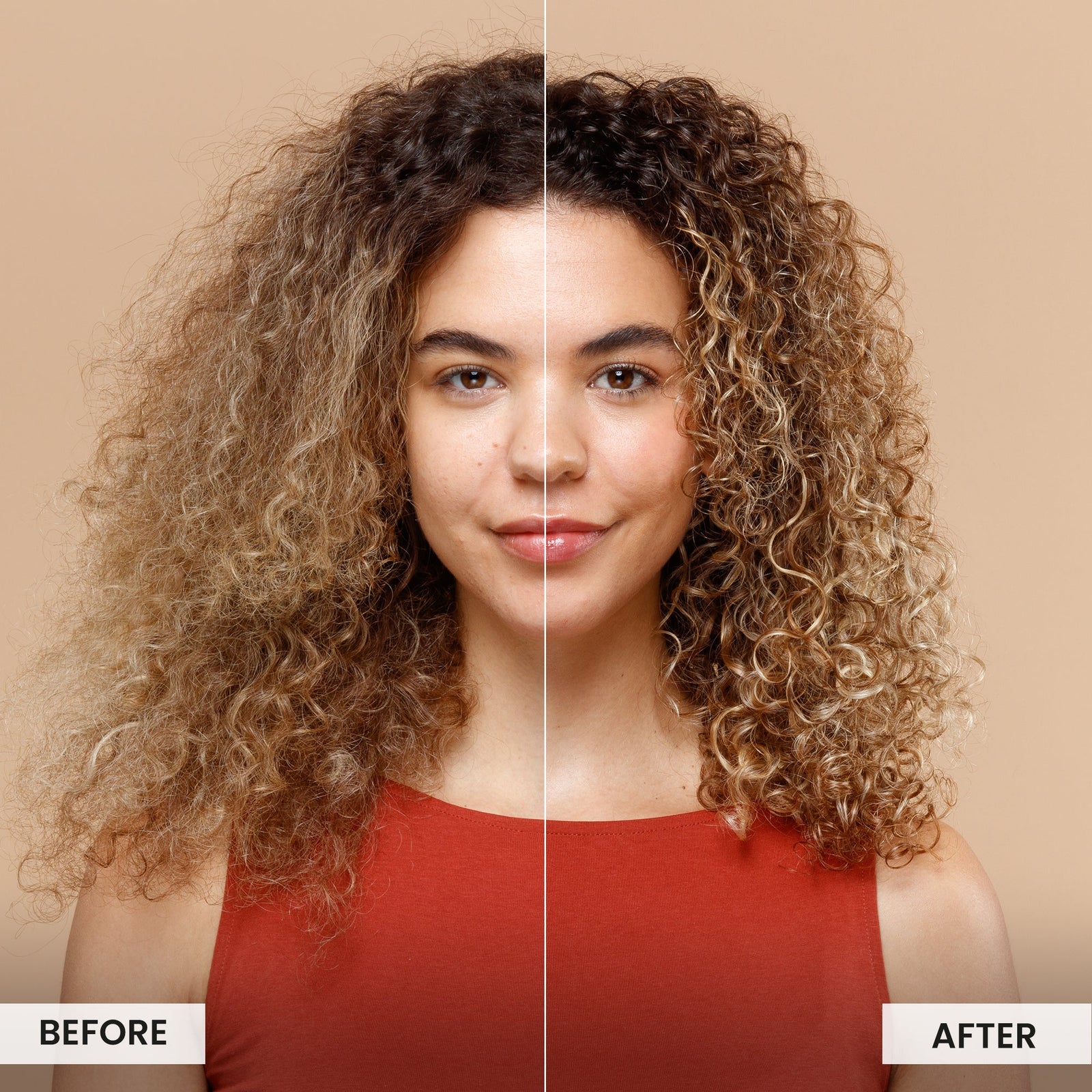 Before and after comparison of a woman with curly hair against a beige background