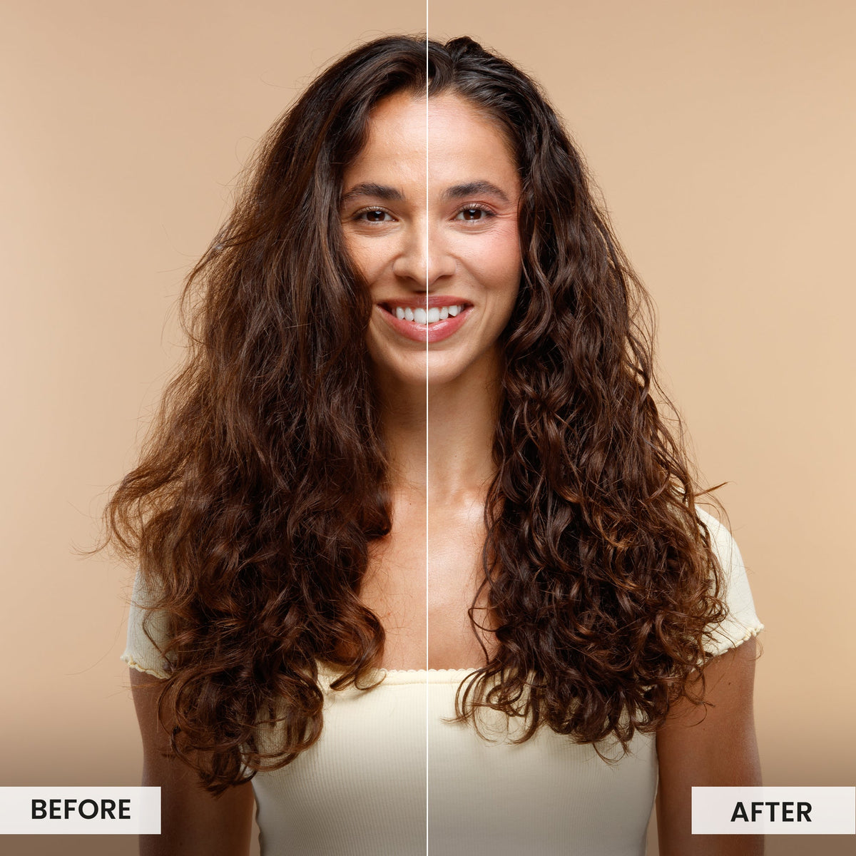 Before and after comparison of a woman with long, wavy hair on a beige background.