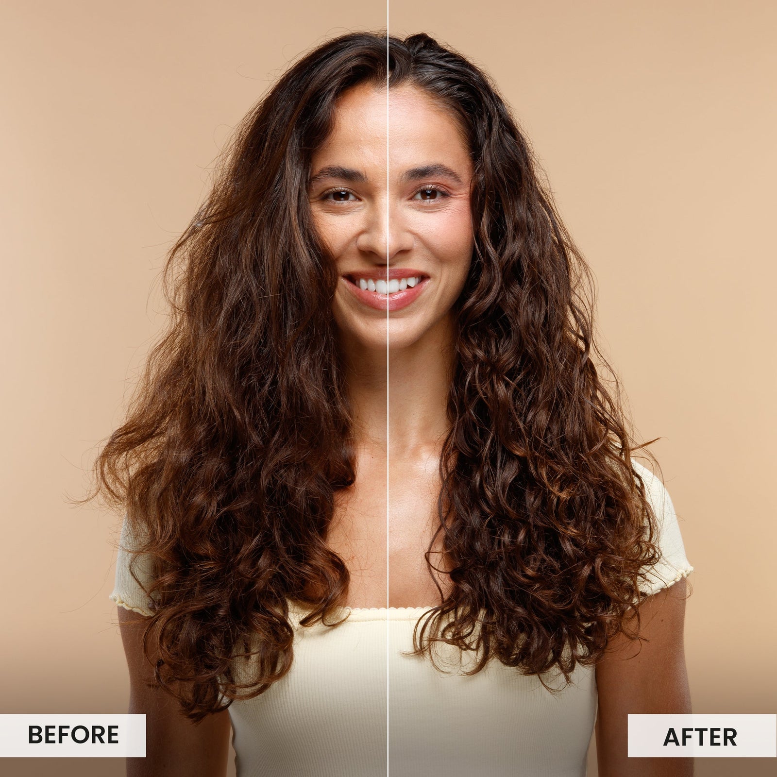 Before and after comparison of a woman with long, wavy hair on a beige background.