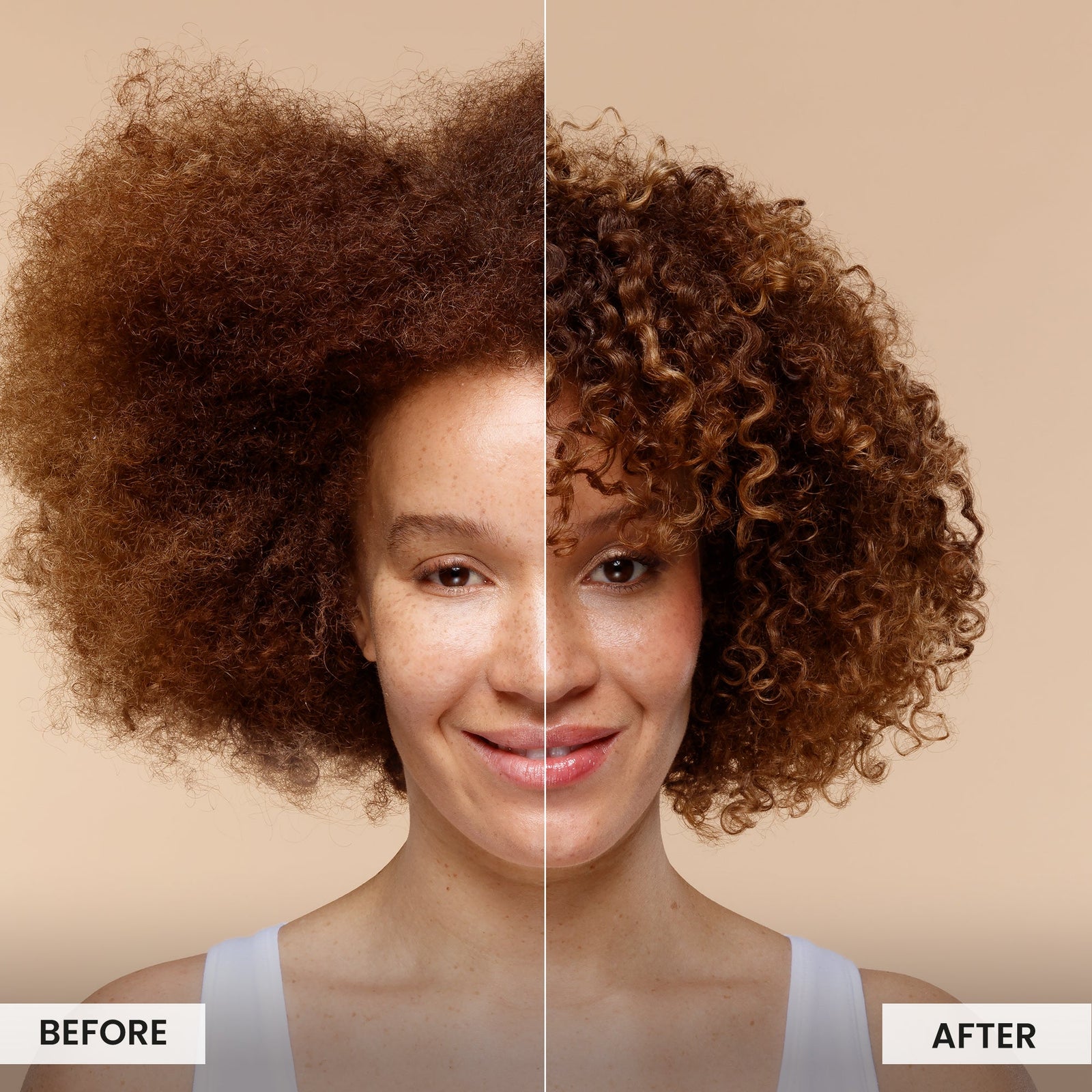 Before and after comparison of a woman with curly hair on a beige background