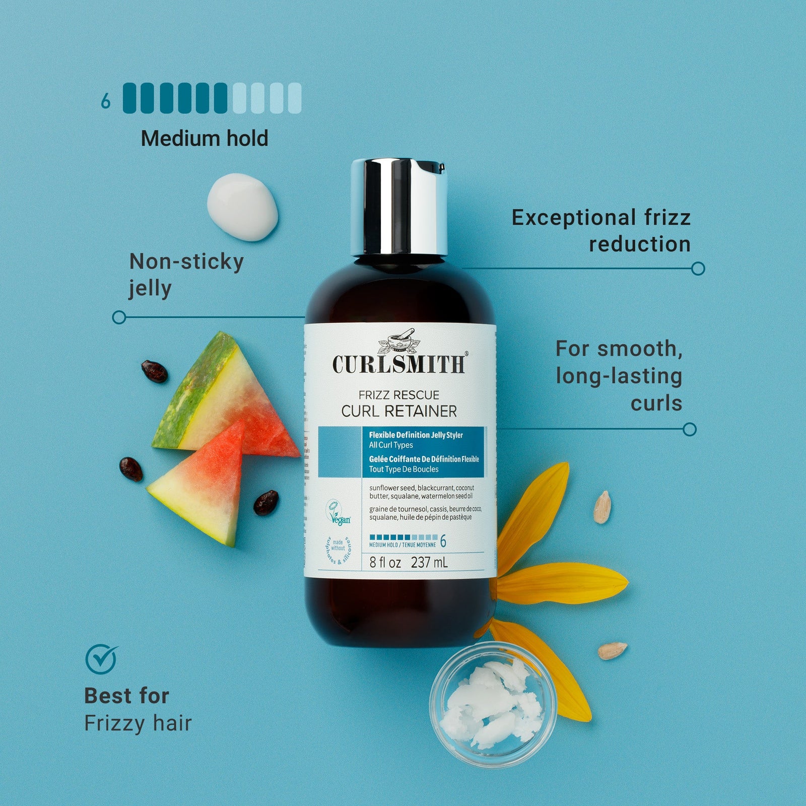 Curlsmith Frizz Rescue Curl Retainer bottle with ingredients on a blue background