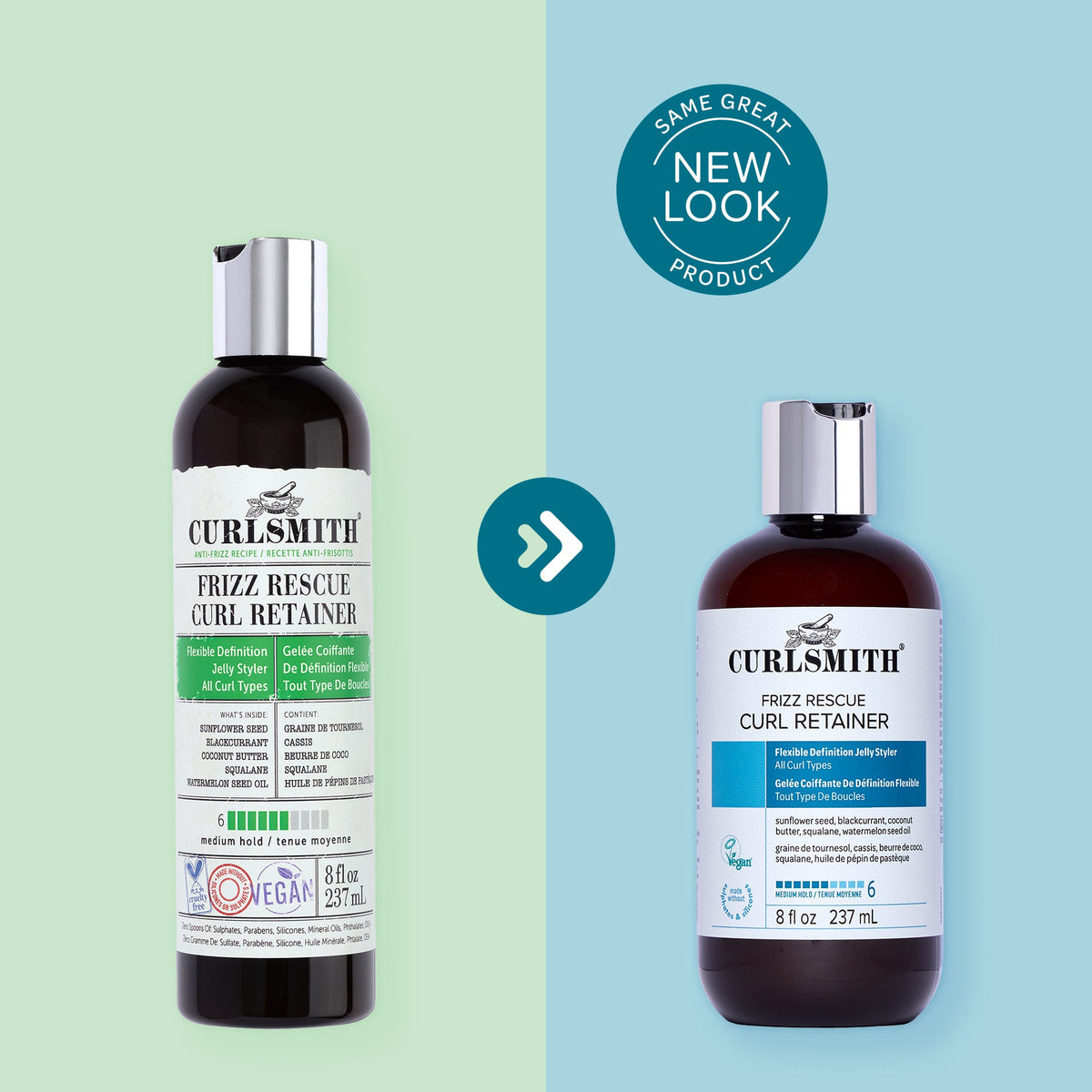 Two bottles of Curlsmith Frizz Rescue Curl Retainer on a split background with a 'Same Great Product' badge.
