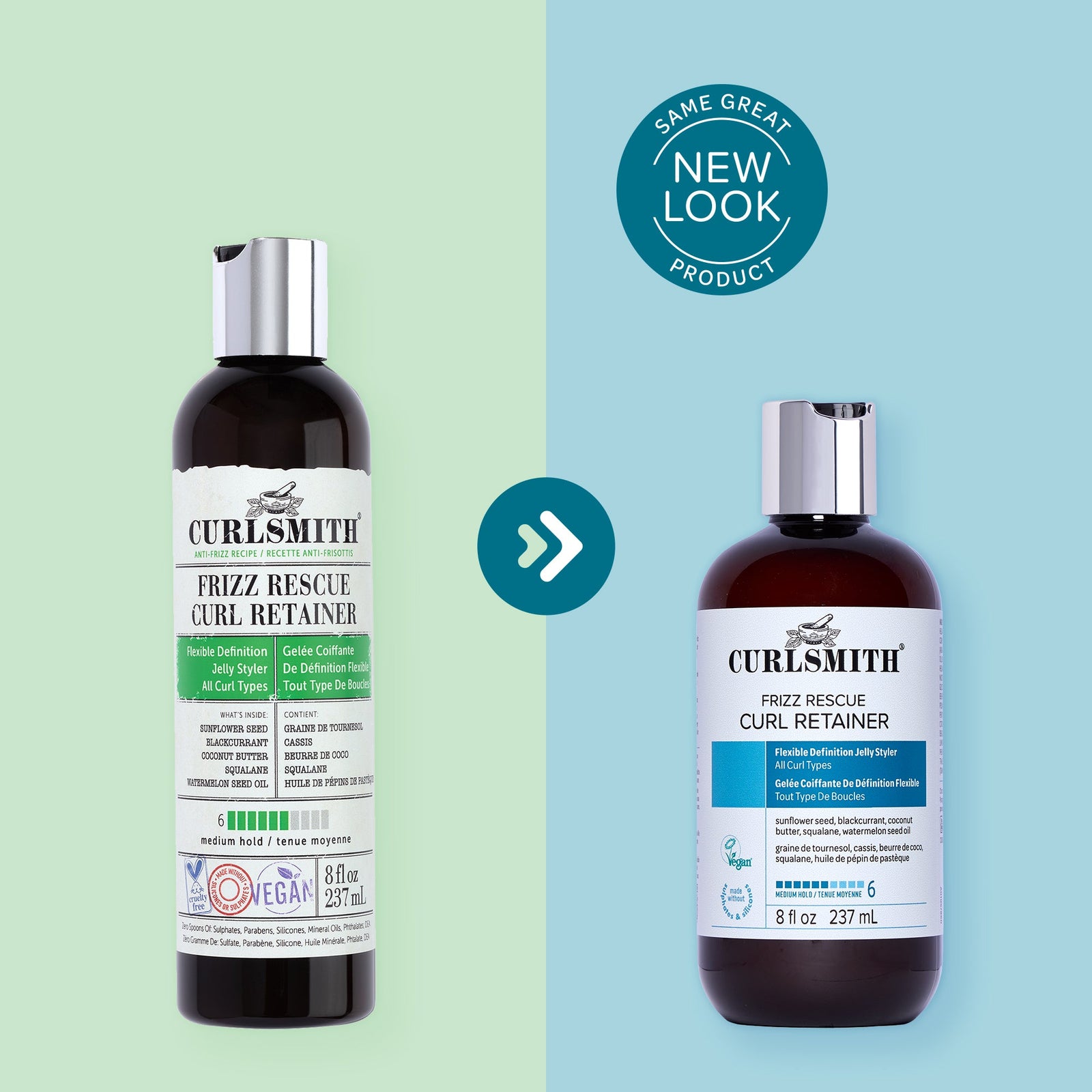 Two bottles of Curlsmith Frizz Rescue Curl Retainer on a split background with a 'Same Great Product' badge.