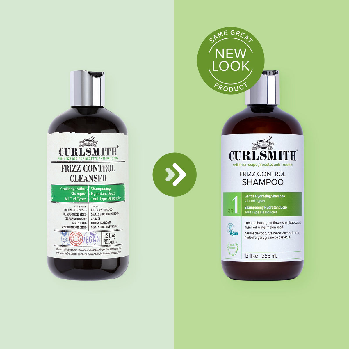 Two bottles of Curlsmith Frizz Control products on a green background with a 'Same Great Product' label.