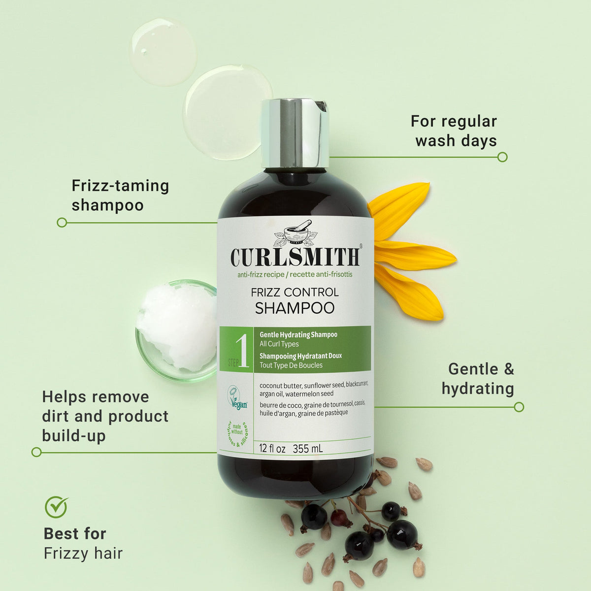 Curlsmitth frizz control shampoo bottle with product features on a green background