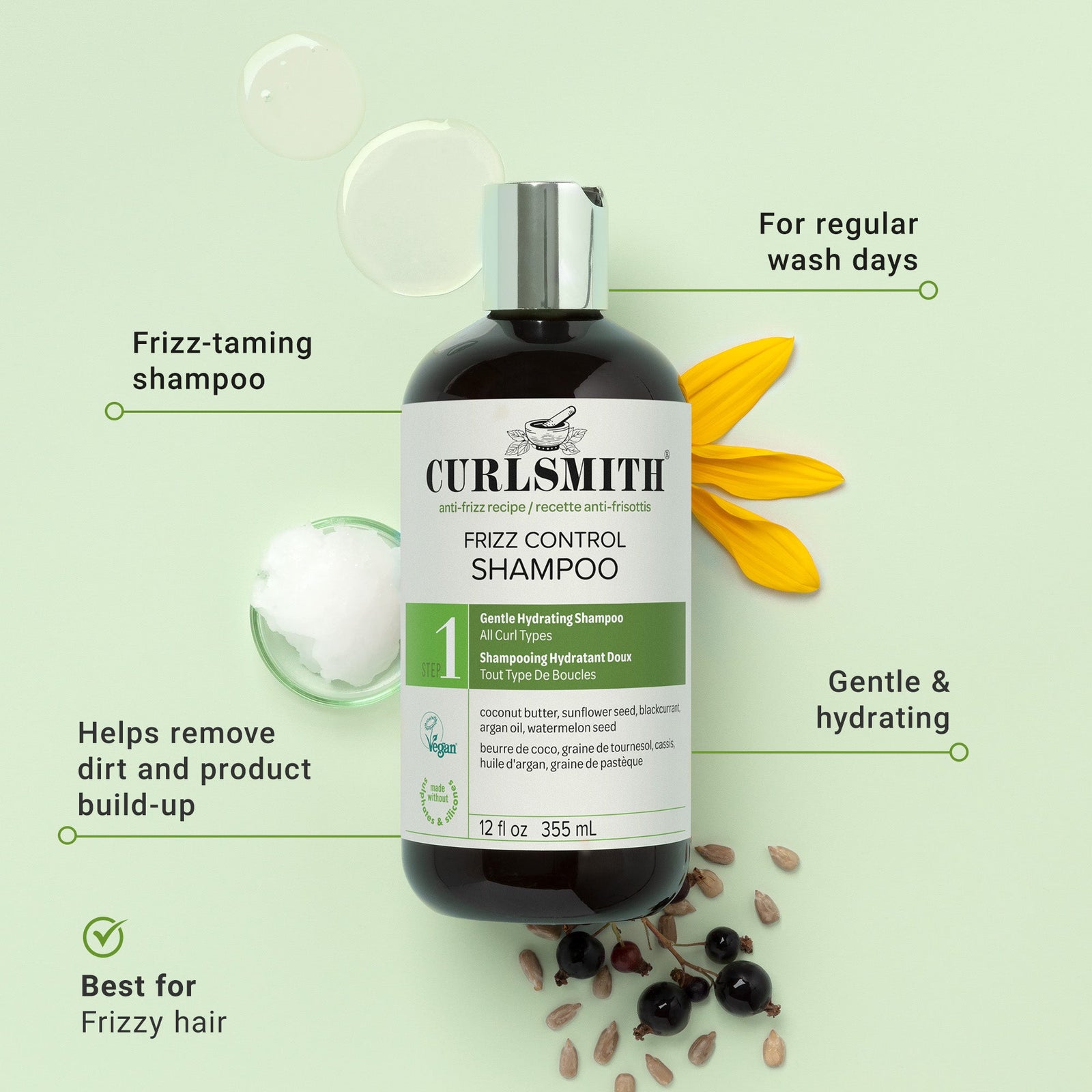 Curlsmitth frizz control shampoo bottle with product features on a green background