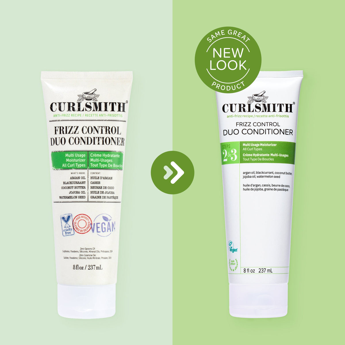 Two bottles of Curlsmith Frizz Control Duo Conditioner on a green background