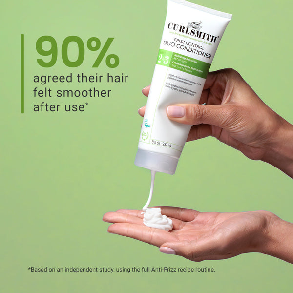 Curlsmith Frizz control hair conditioner being applied to a hand with text about hair smoothness.