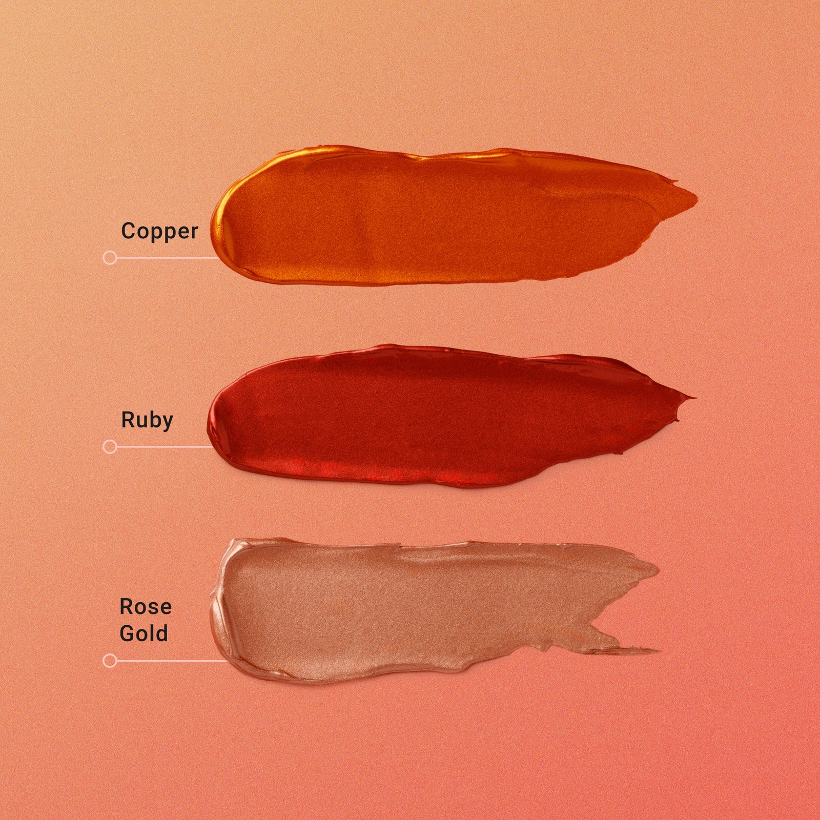 Three swatches of different colored lipsticks labeled 'Copper', 'Ruby', and 'Rose Gold' on a peach background.