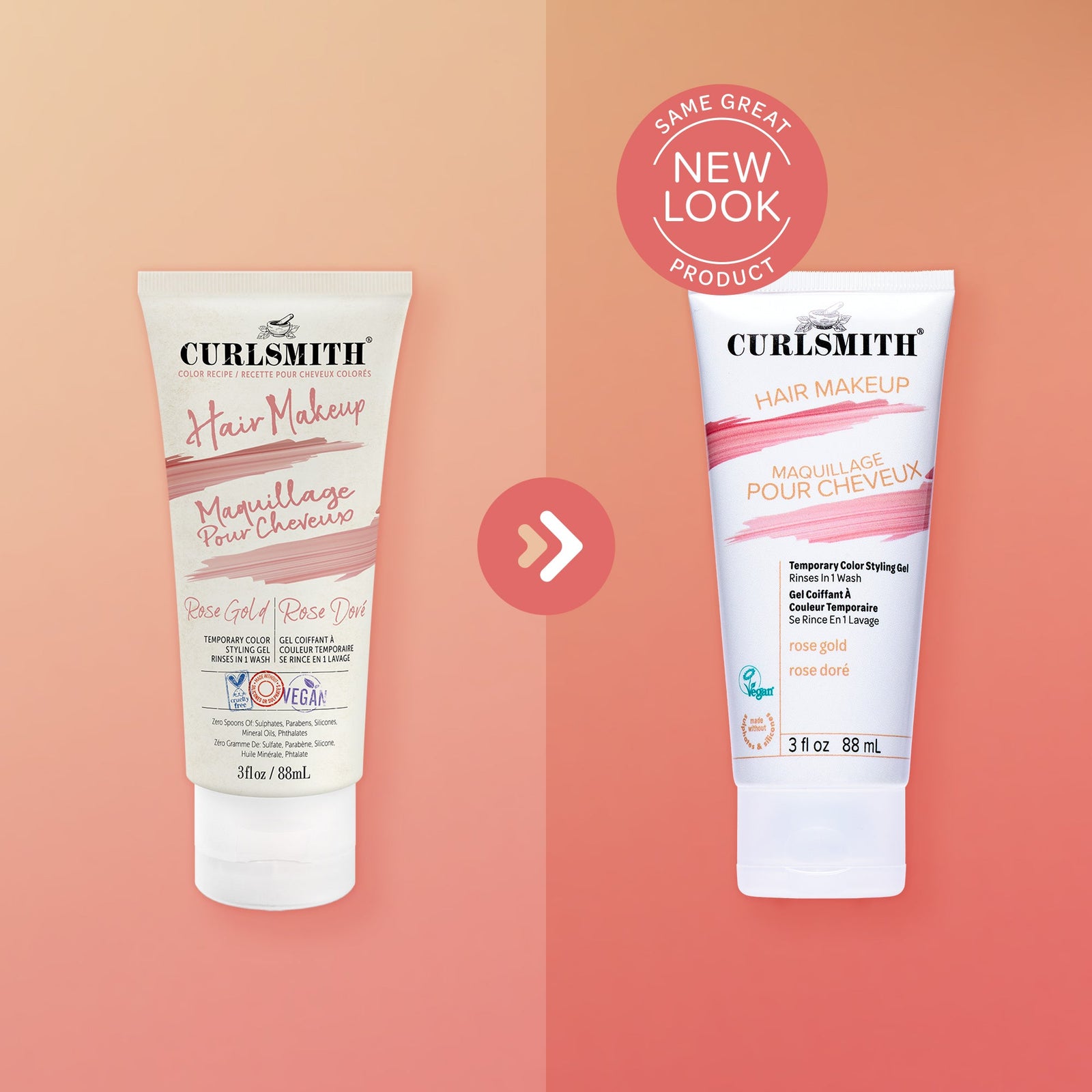 Two bottles of Curlsmith Hair Makeup on a peach background with a 'Same Great Product, New Look' label.