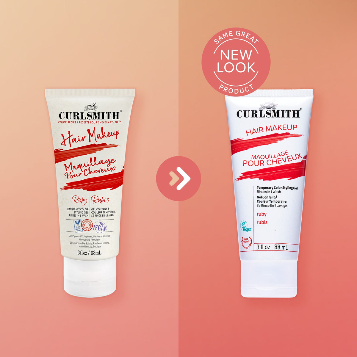 Two bottles of Curlsmith Hair Makeup on a peach background with a 'Same Great Product, New Look' label.