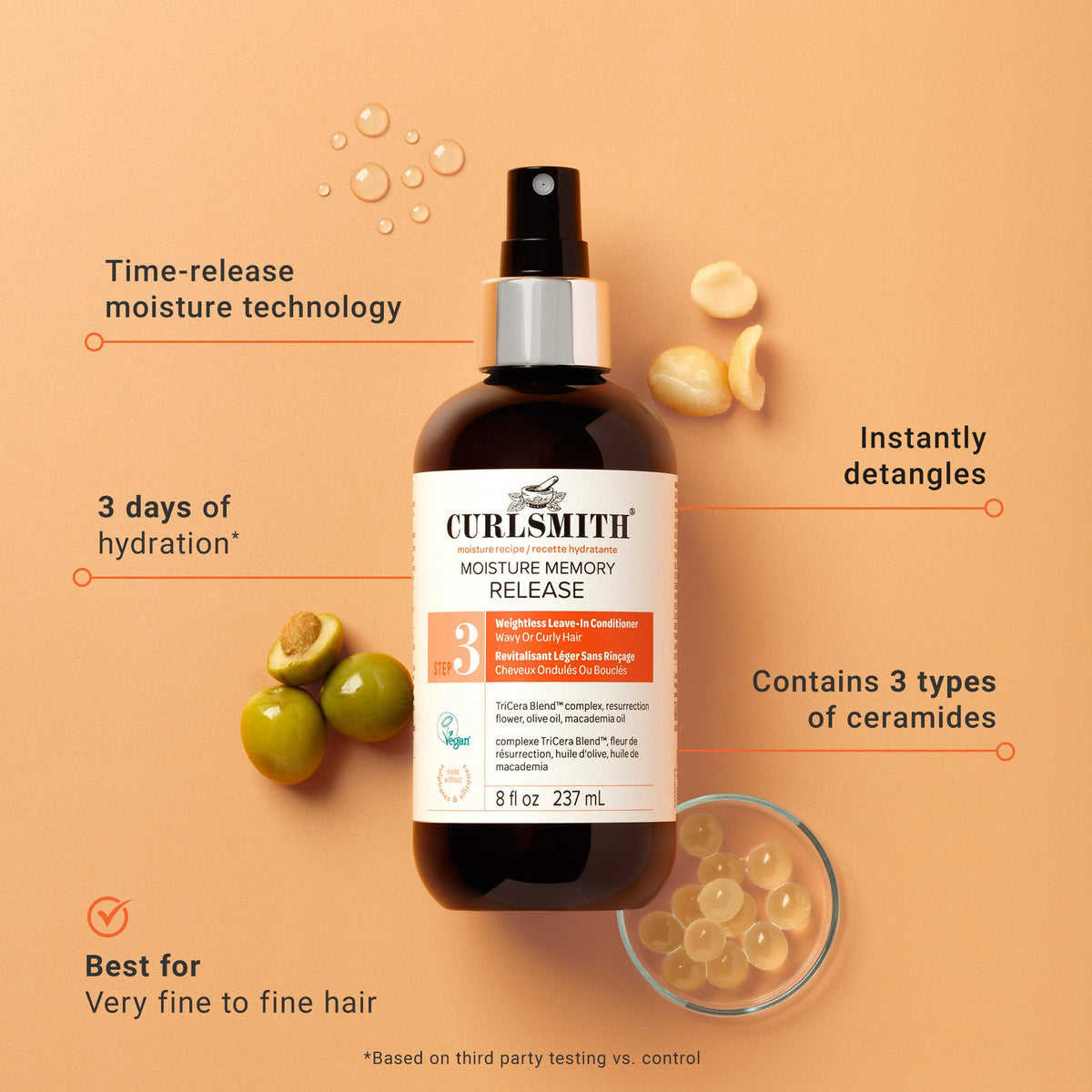 Curlsmith Moisture Memory Release Weightless Leave-In Conditioner with features highlighted on an orange background