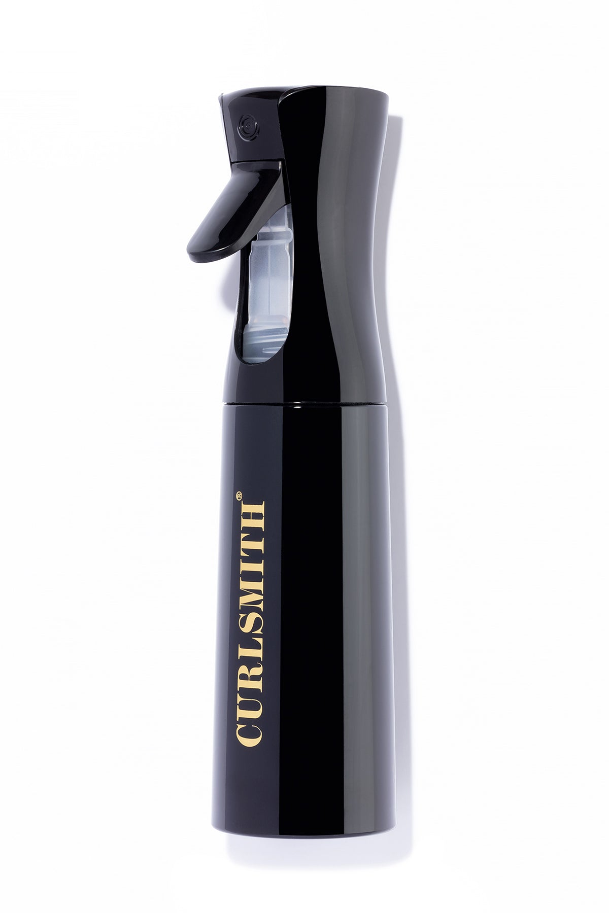 A black continuous spray bottle with the brand name 'CURLSMITH' written in gold letters.