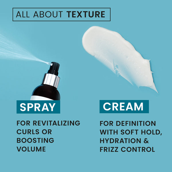 Styling Hair care product advertisement with spray and cream on a blue background