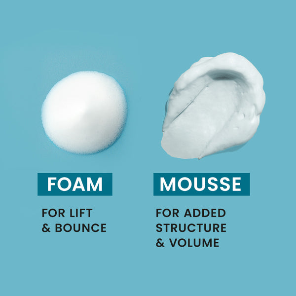 Comparison of foam and mousse on a blue background with text describing their uses.