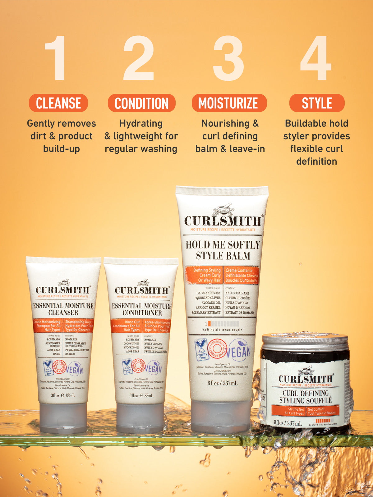 A product image featuring the Curly Discovery Kit by Curlsmith, which includes various hair care products and an instruction booklet, all themed with an orange color scheme.
