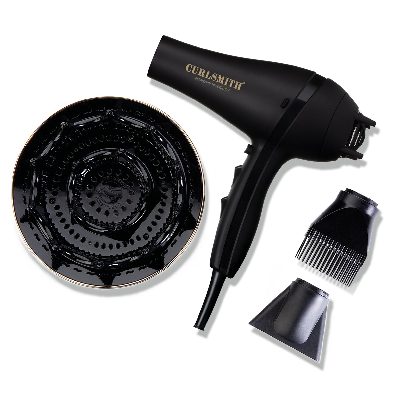 Black hair dryer set with attachments on a white background, featuring the 'Curlsmith' brand.