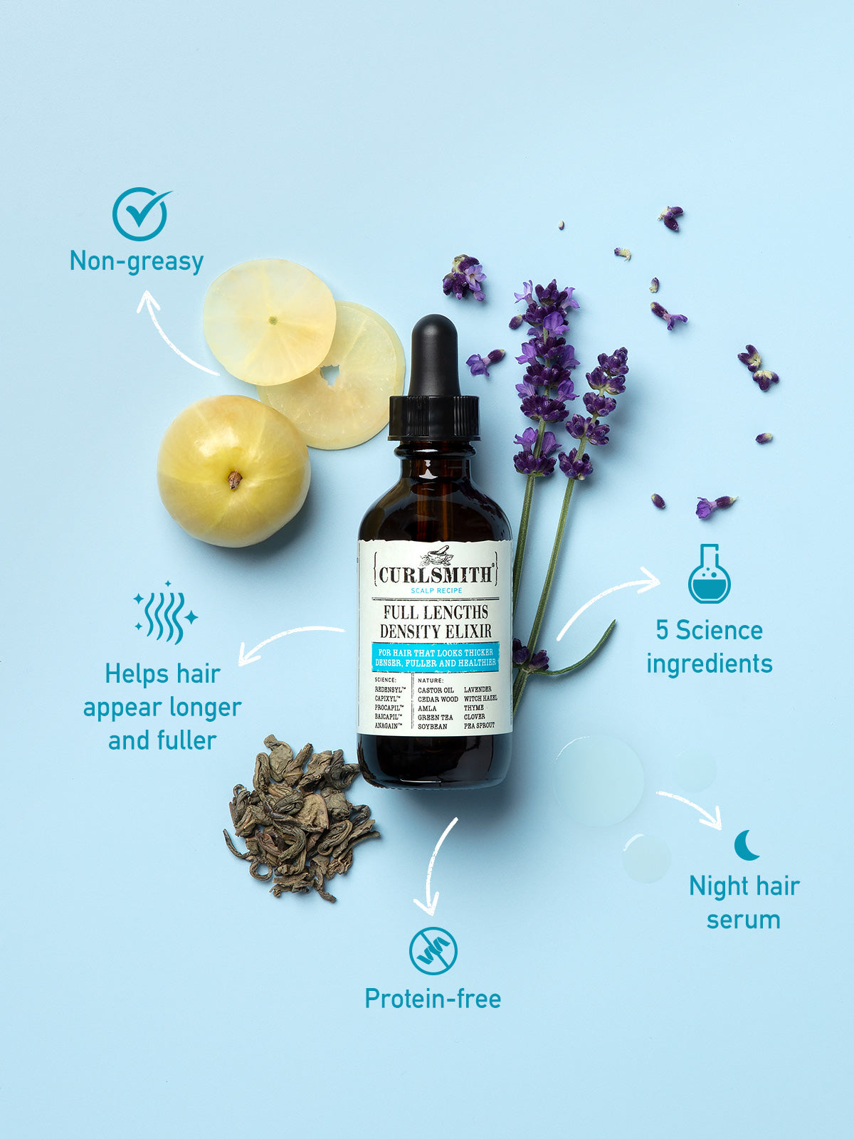 Bottle of Curlsmith hair care product with ingredients on a light blue background