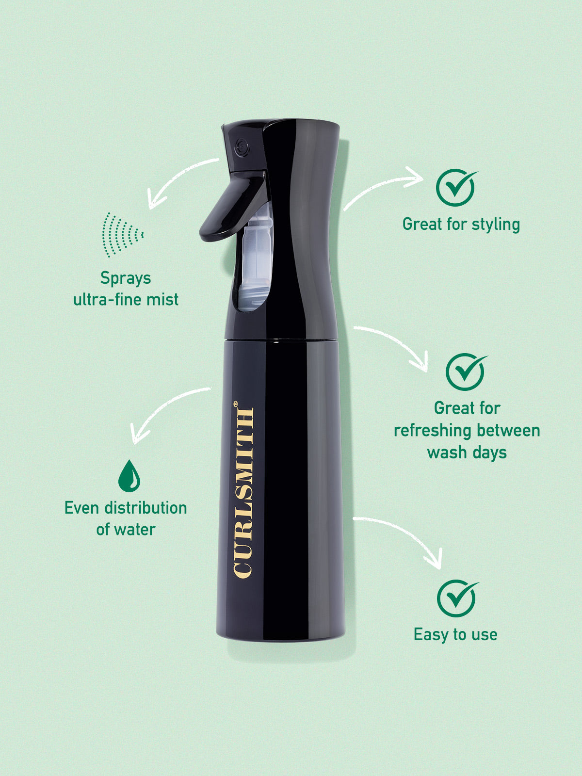 Black spray bottle with Curlsmith branding on a light green background