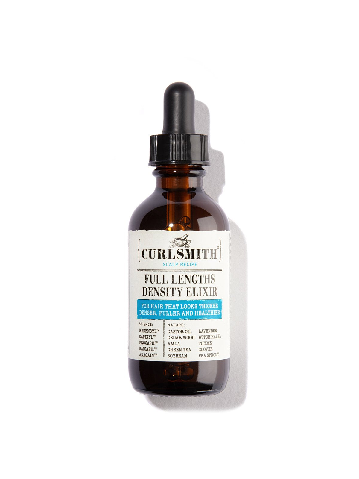 A bottle of Curlsmith Full Lengths Density Elixir scalp serum with a dropper, against a white background.