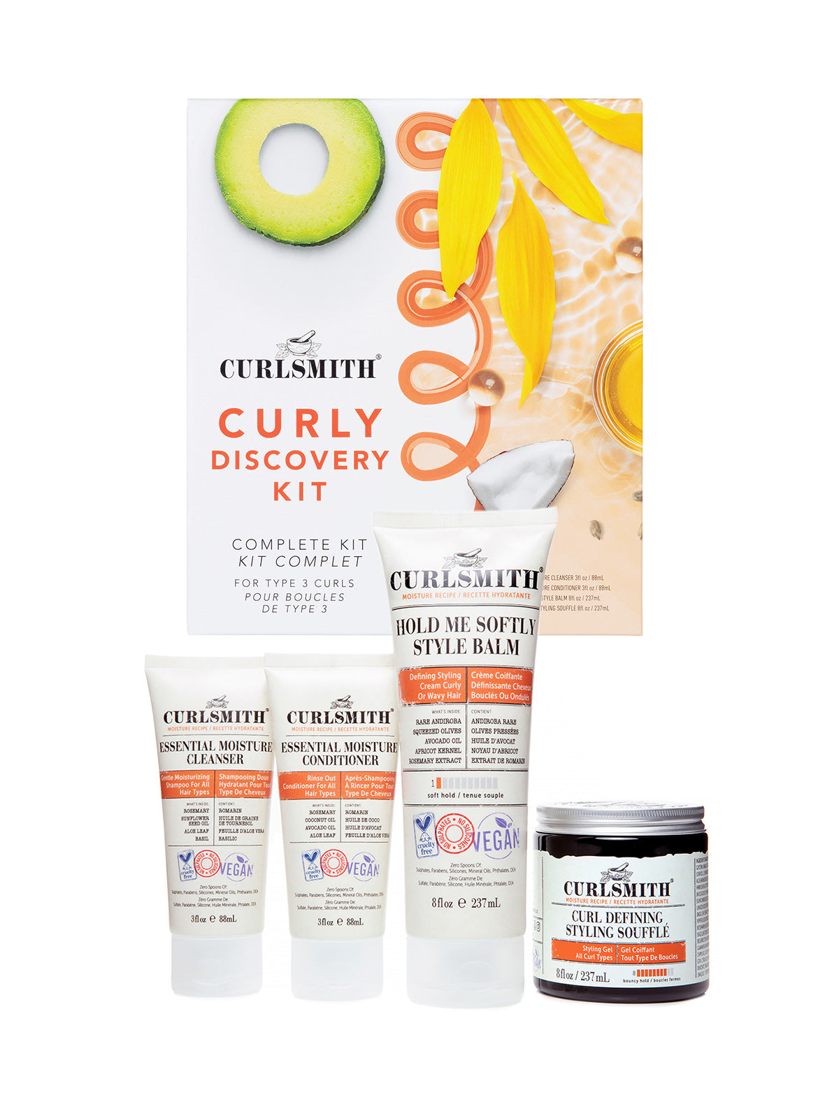 A product image featuring the Curly Discovery Kit by Curlsmith, which includes various hair care products and an instruction booklet, all themed with an orange color scheme.