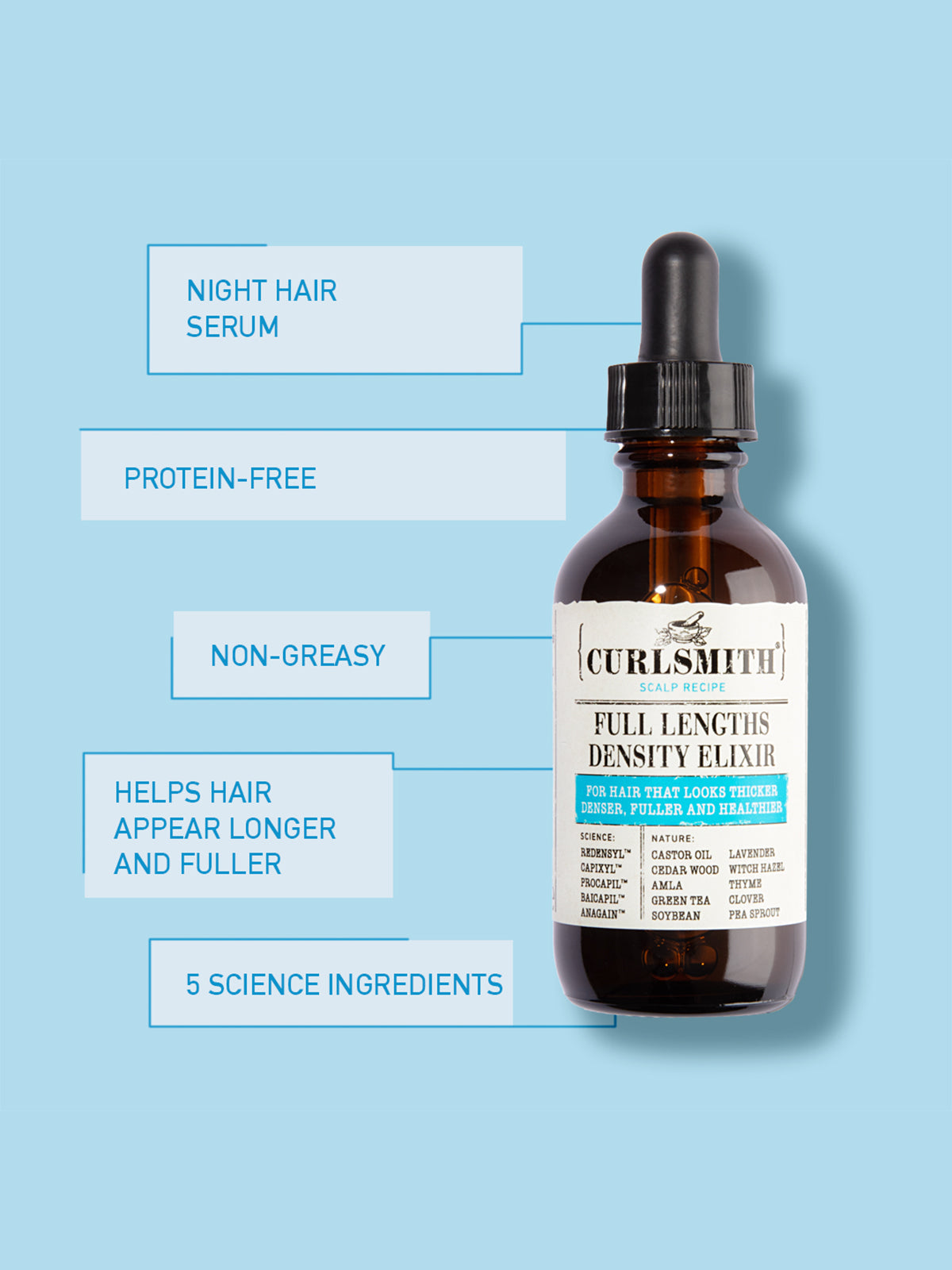 A bottle of Curlsmith Full Lengths Density Elixir scalp serum with a dropper, against a blue background.