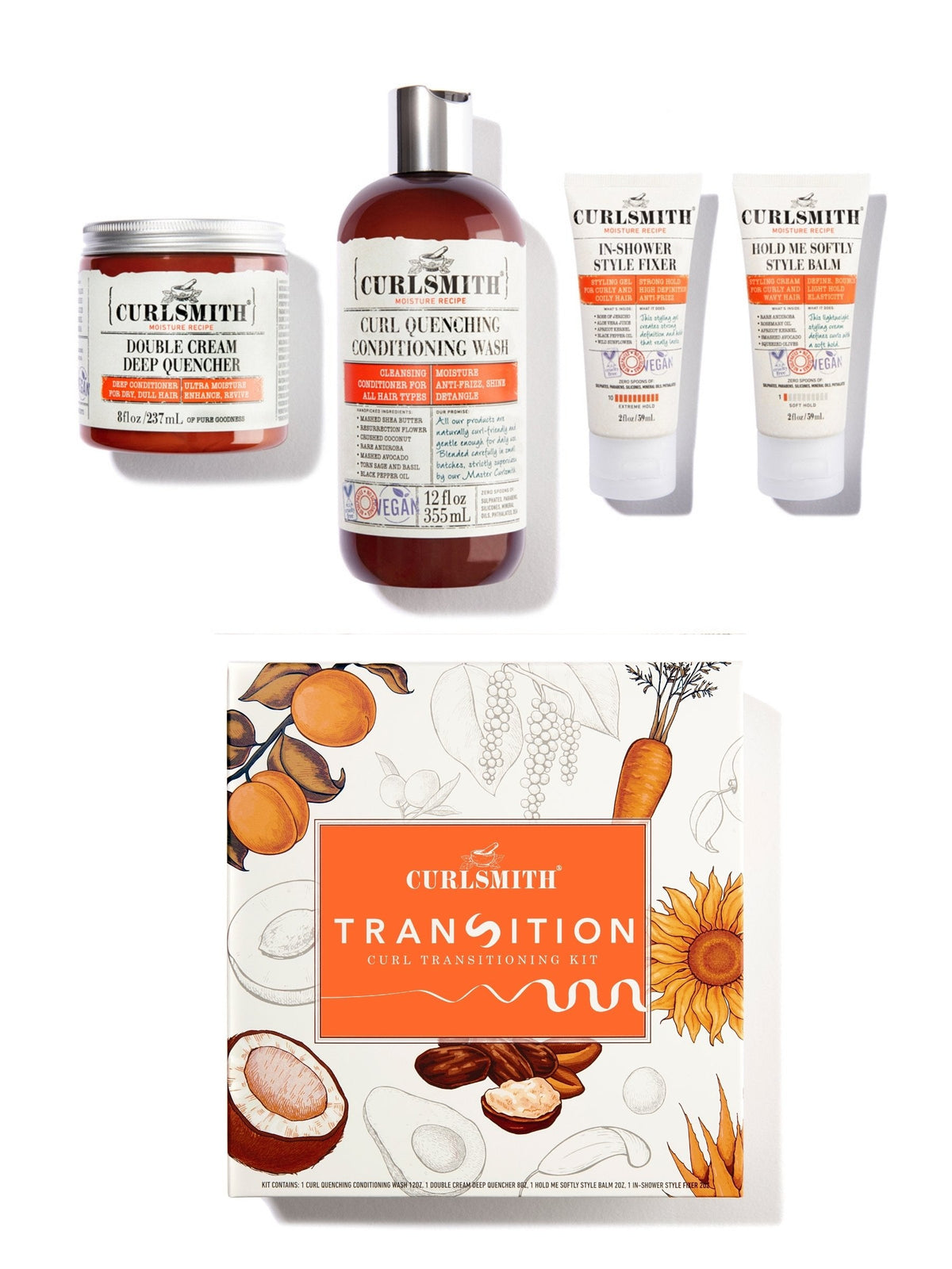 A collection of hair care products from Curlsmith, including bottles and tubes with creams and a package of transition kit with a floral and fruit design.